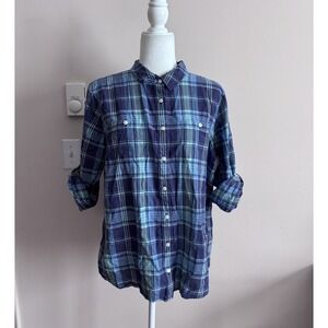 LL Bean Womens XL Plaid Button Up Shirt Roll Tab Sleeve Cotton Outdoor Casual